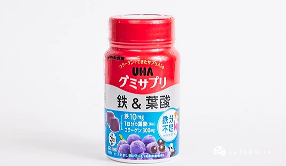 紅色罐裝瓶身,下半部標籤印有鐵與葉酸字樣及藍莓圖案