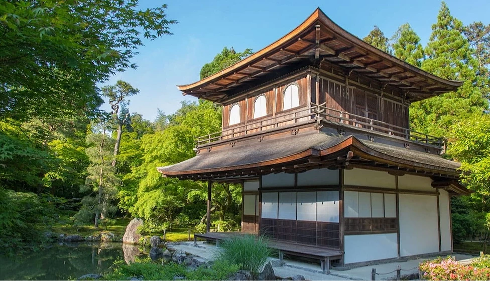 被綠色樹林包圍的銀閣寺及前方池塘