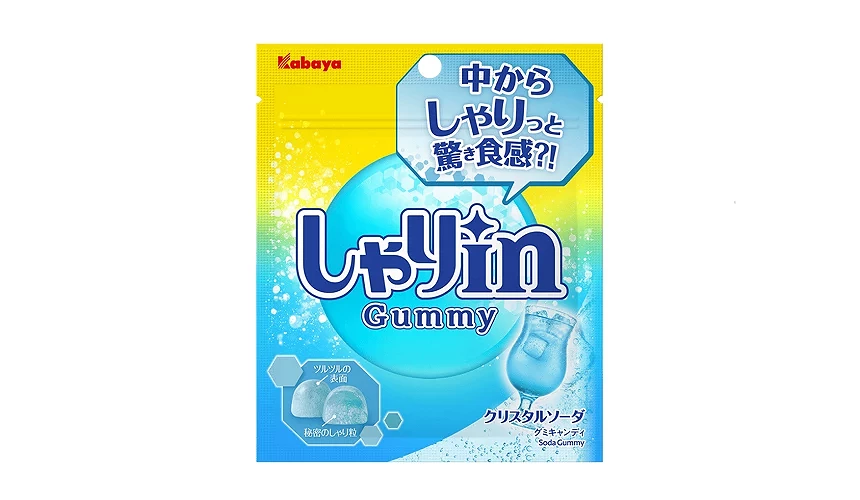蓝黄色渐层包装袋,印有しゃりin字样与一杯水蓝色汽水图案