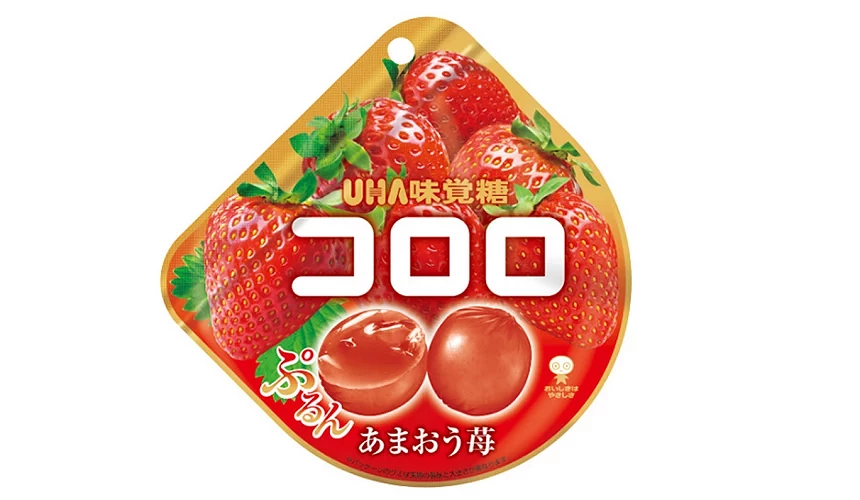 半圆形包装袋,印有コロロ字样与数颗鲜红草莓图案