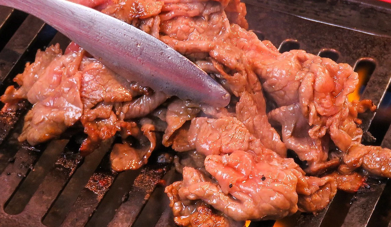 烤网上正在烧烤的肉