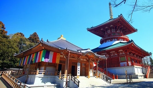成田山新勝寺境內的平和大塔與釋迦堂,紅色佛塔和木造殿堂在晴朗天空下相鄰而立