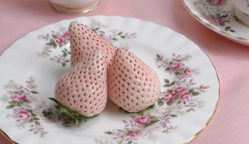 `两颗白色草莓置于花卉图案瓷盘上,背景为粉色桌布与茶杯组`
