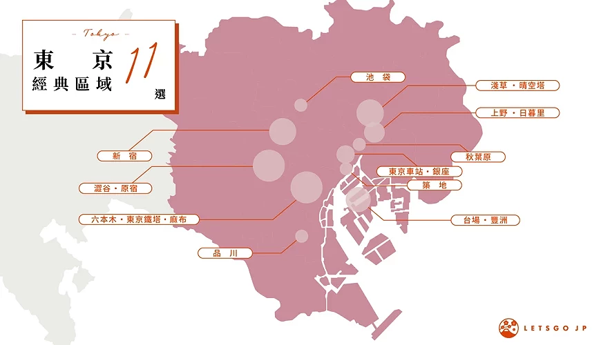 地图上标示东京经典必访区域11选