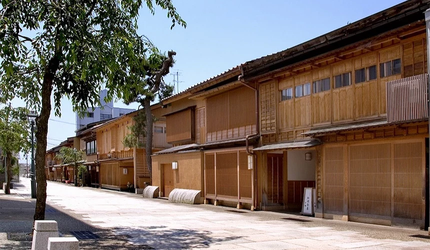 传统木造街屋排列整齐,格栅门窗古朴典雅,白桦树与石板路映衬日式古镇风貌。