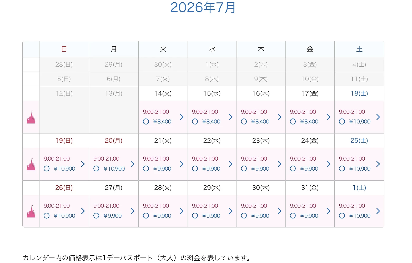 東京迪士尼門票2026年7月票價日曆