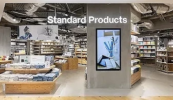 Standard Products 门市与商品陈列拼图,展示简约店装、彩色包装商品及多款餐盘与马克杯