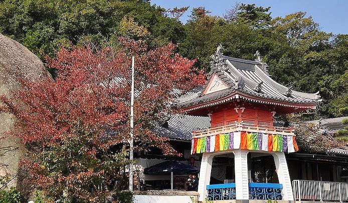 染成火红的秋季枫叶与千光寺本堂建筑
